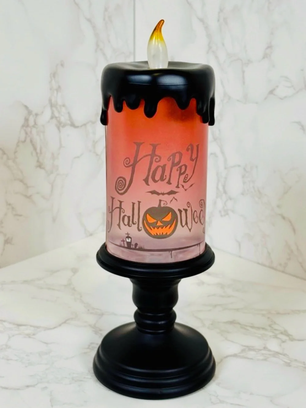 DECOR: Black & Orange Ghostly Glow LED Halloween Candle Filled w/Fluid, EUC